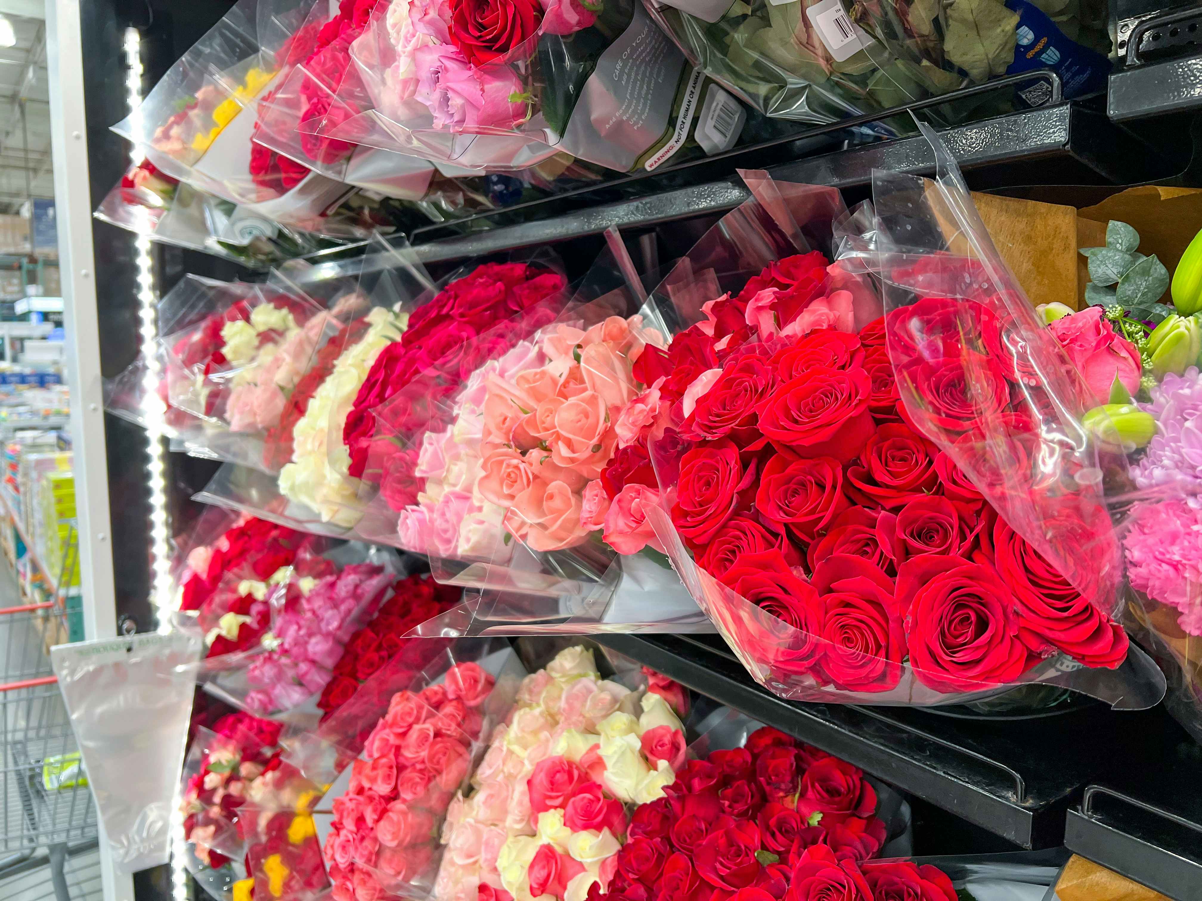 a variety of red and pink rose bouquets in the Costco flowers display in the warehouse