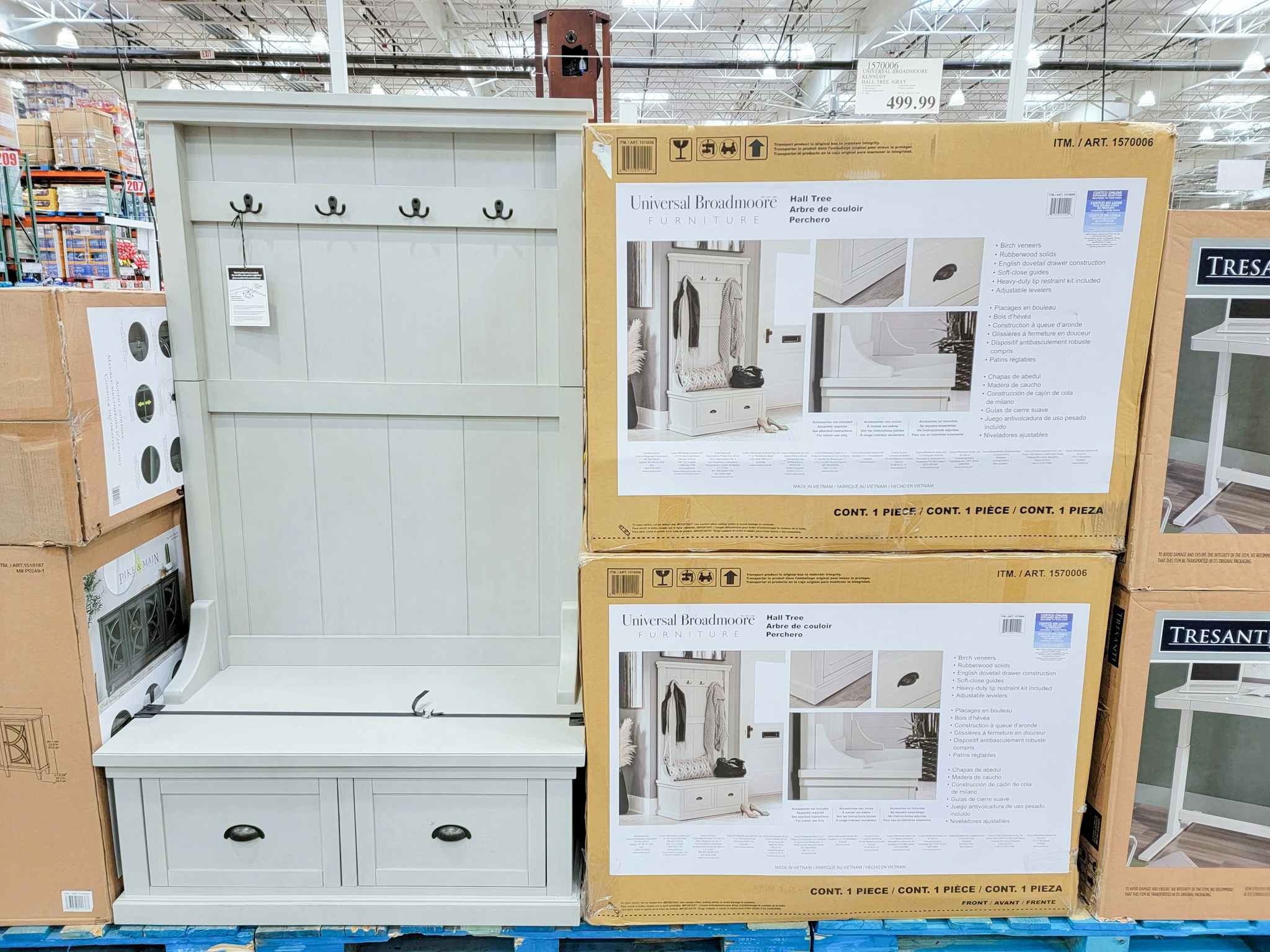 grey hall tree with coat hooks and drawers