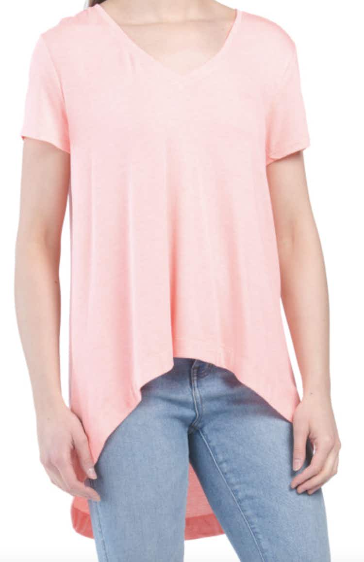 a womens pink hi-lo v-neck-shirt