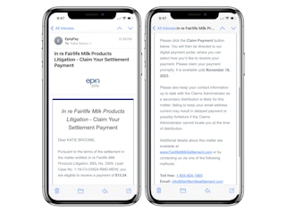 Email screenshots from the Fairlife settlement
