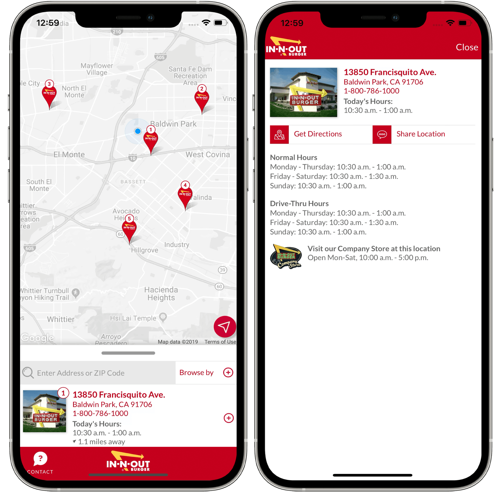 A graphic of two phones, one displaying the In-N-Out burger app location map, and the other showing a specific location in California.