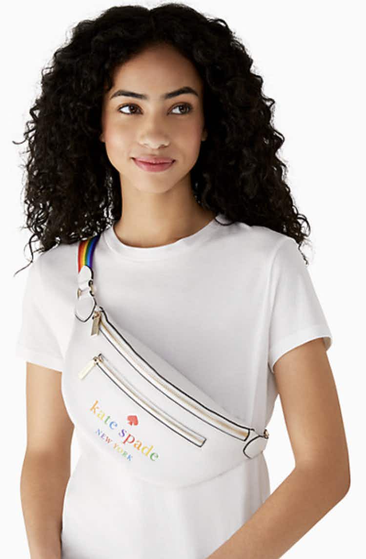 kate spade white belt bag with rainbow details