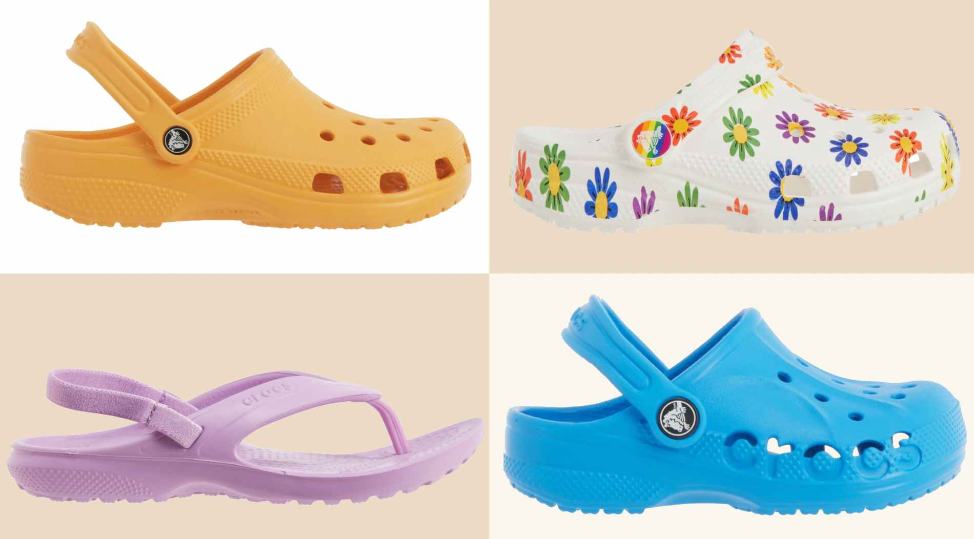 a collage of different styles of kids' crocs
