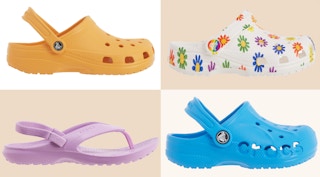 a collage of different styles of kids' crocs