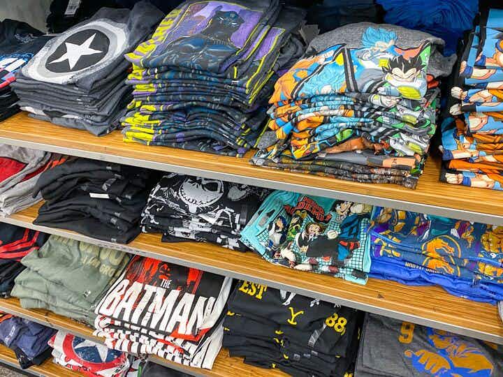 graphic tees on shelves