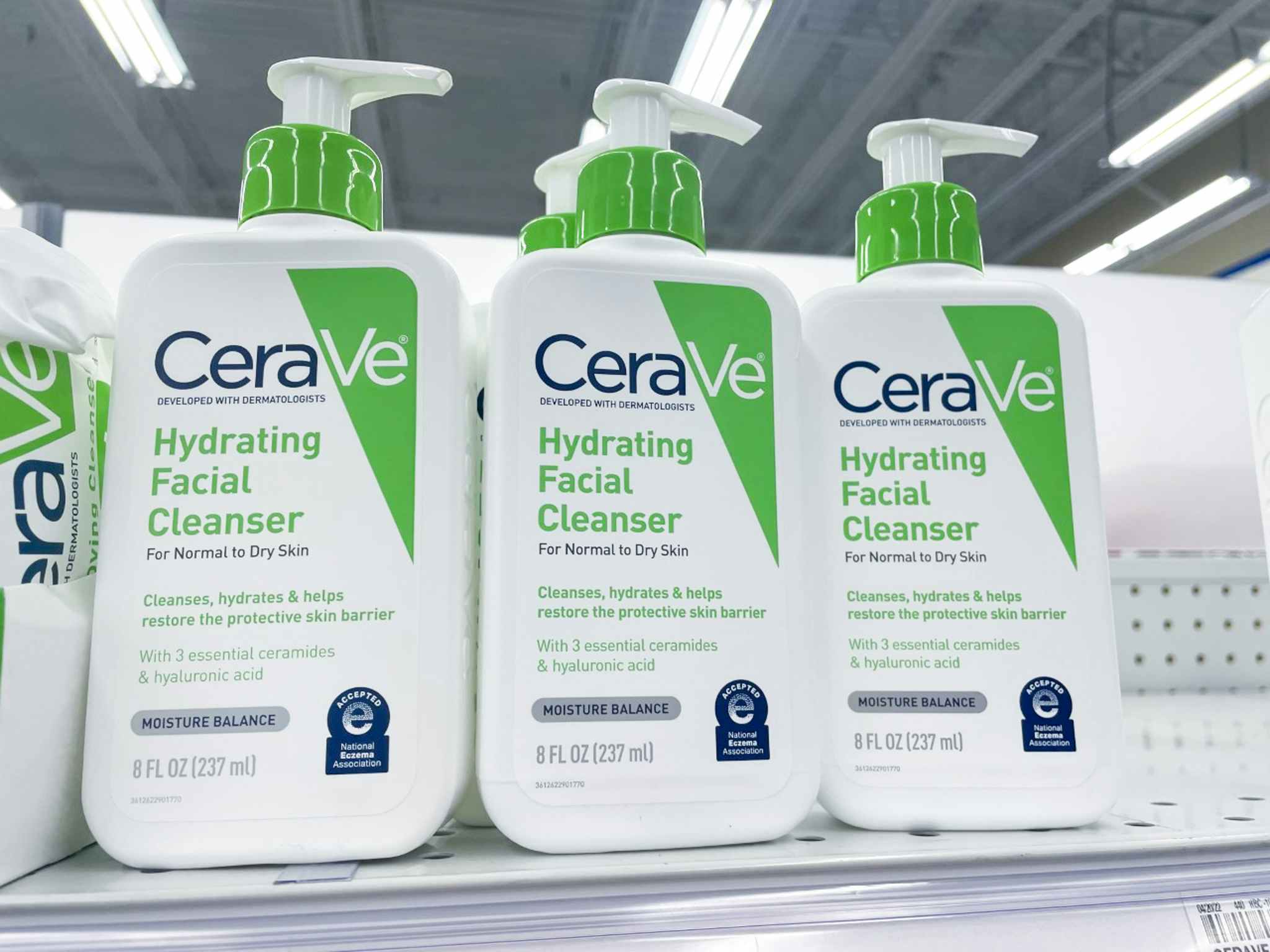 bottles of cerave cleanser on a shelf