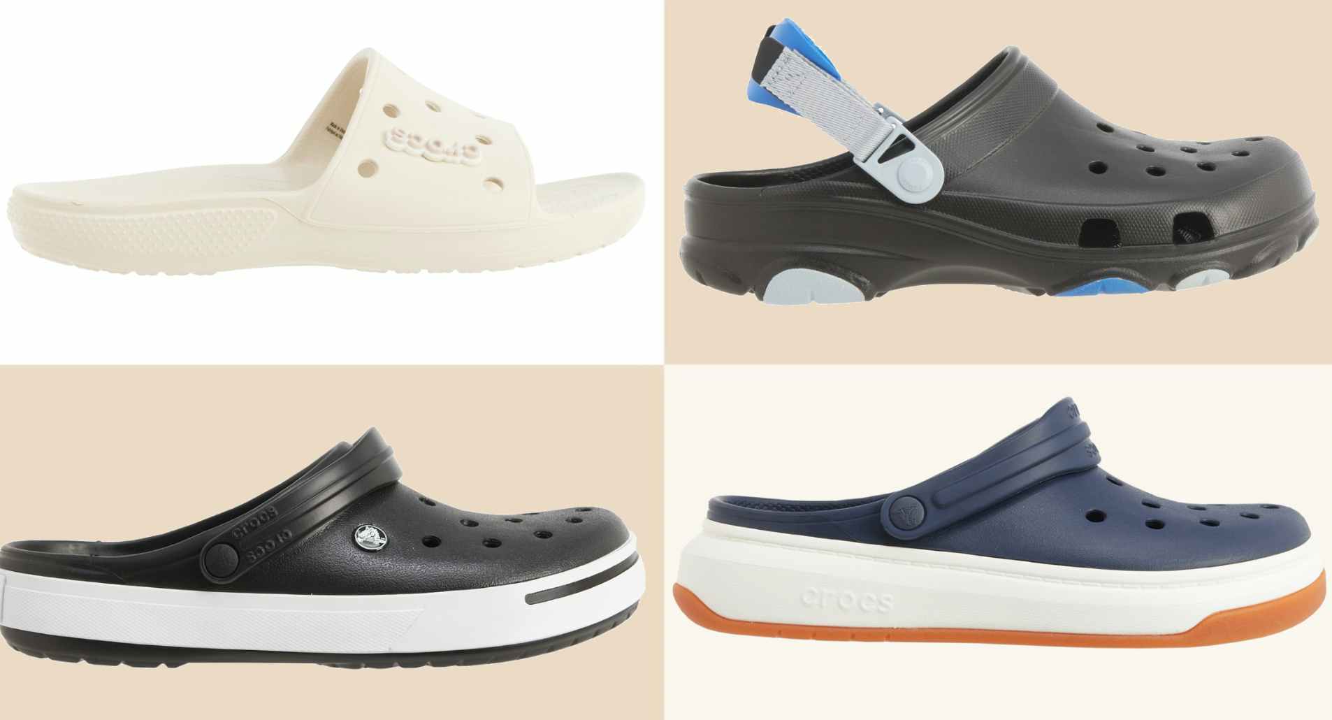 a collage of different styles of men's crocs