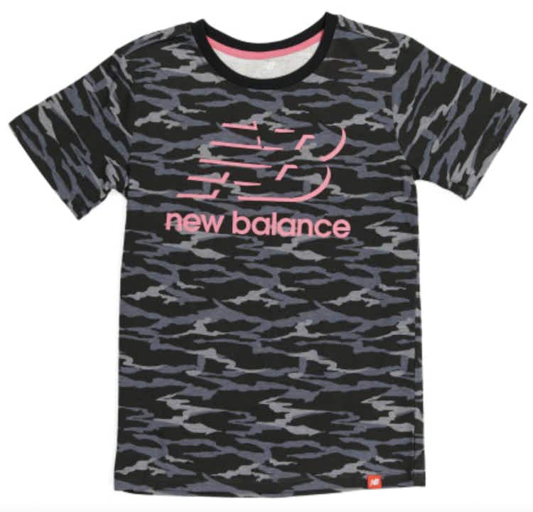 a new balance camo shirt with pink accents 