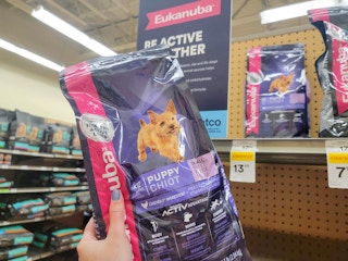 hand holding a bag of eukanuba puppy food