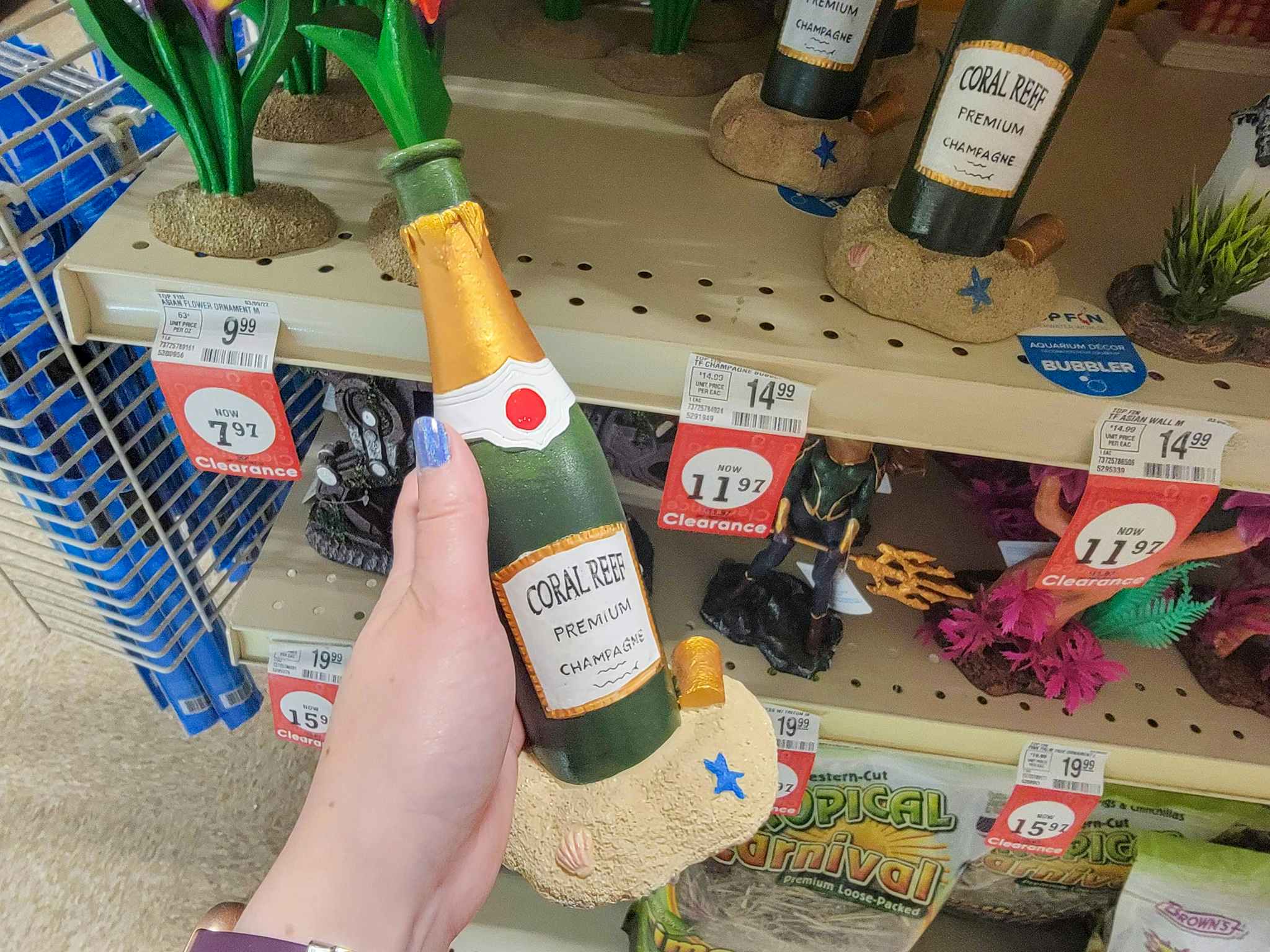 hand holding a champagne bottle aquarium decoration