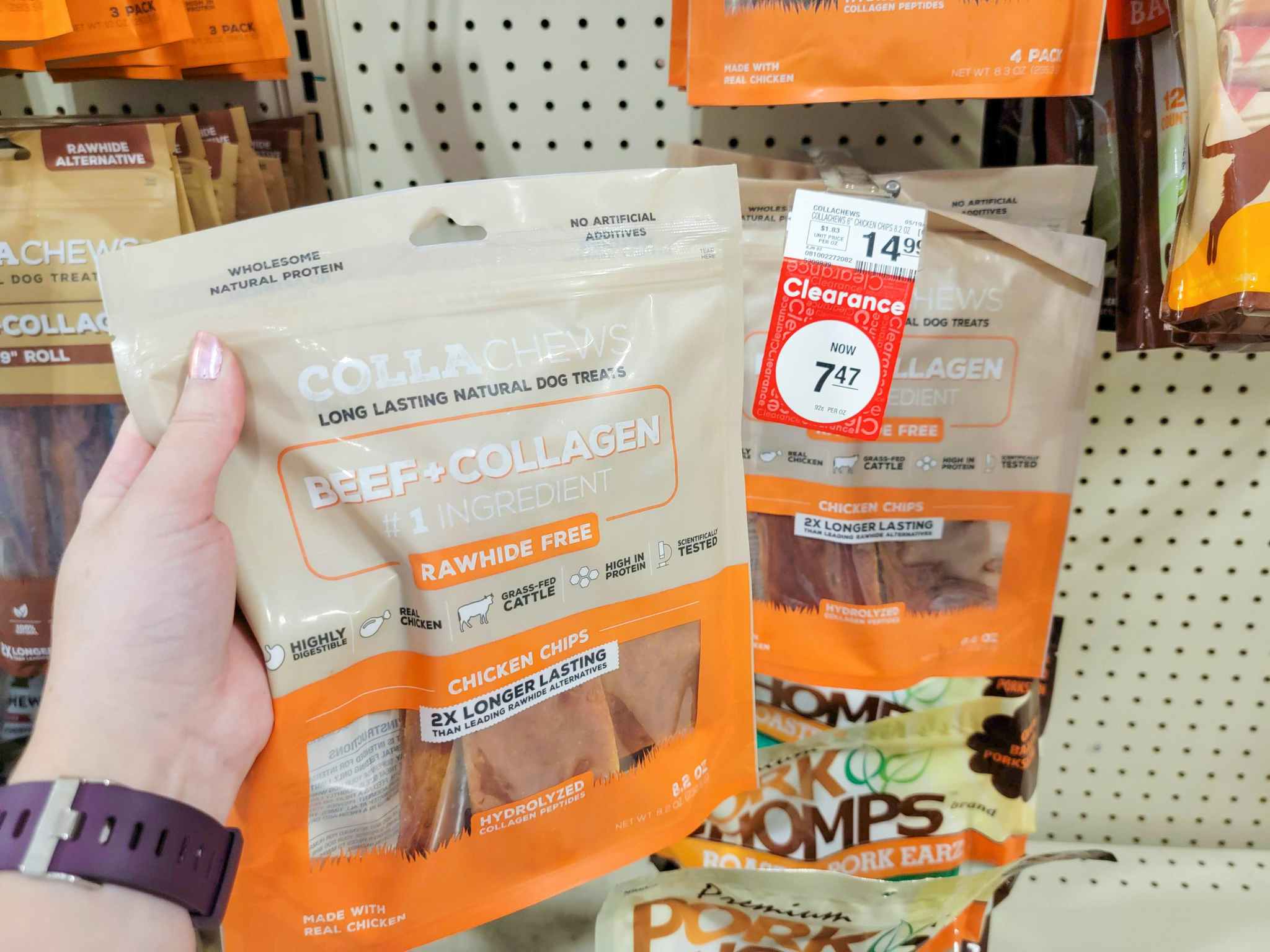 hand holding bag of collagen chew dog treats at PetSmart