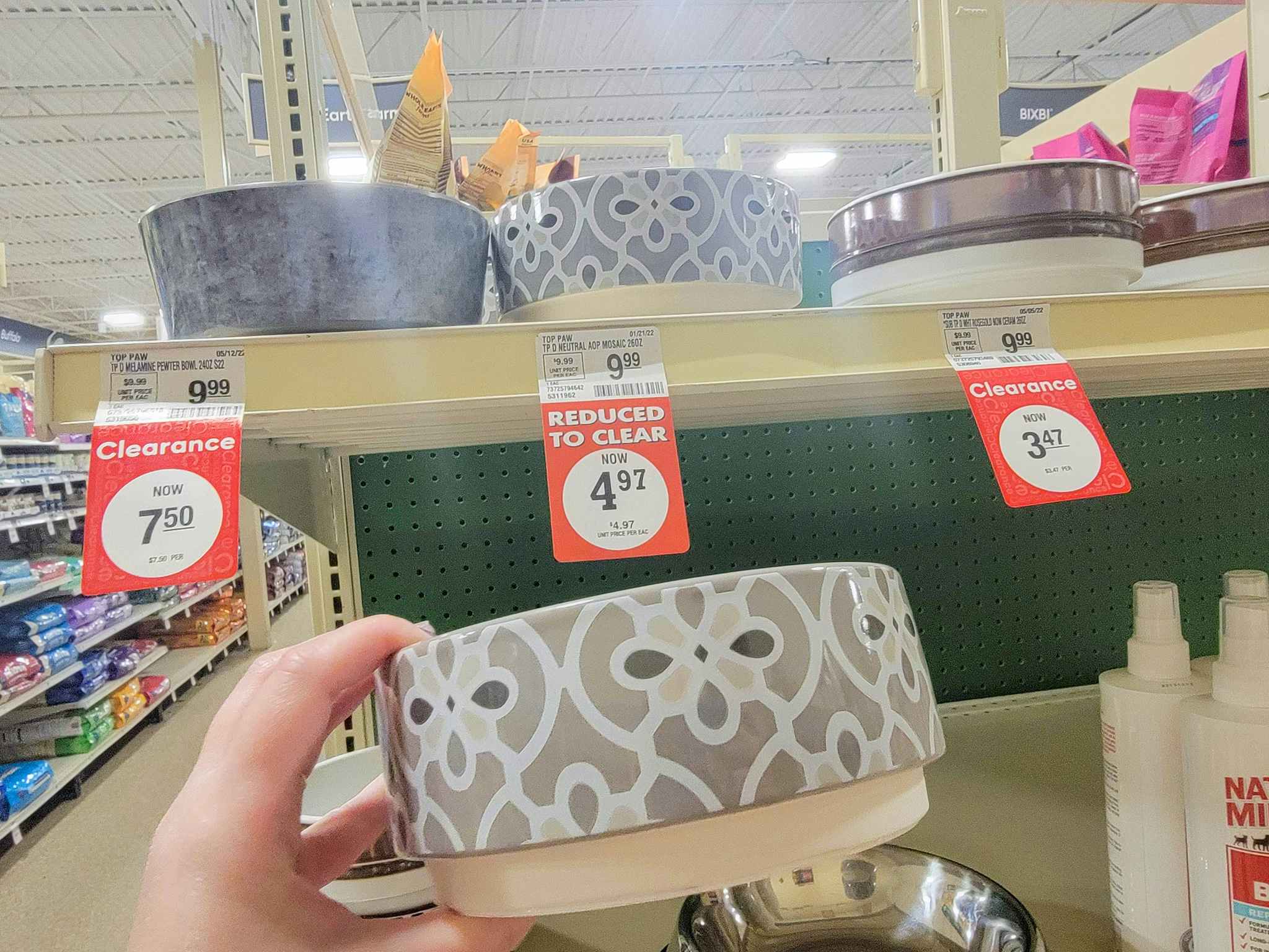 hand holding a mosaic printed dog bowl