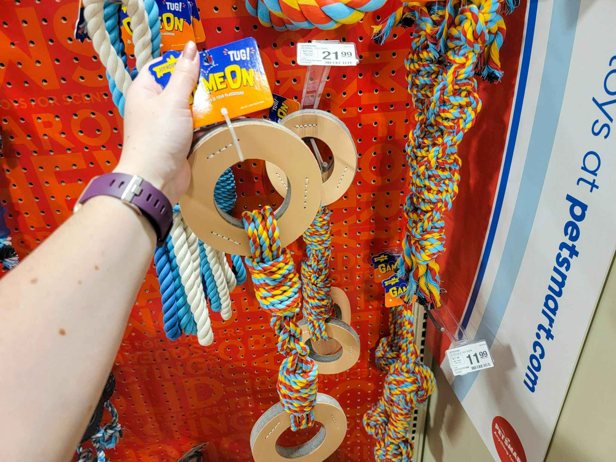 hand holding a tug of war dog toy