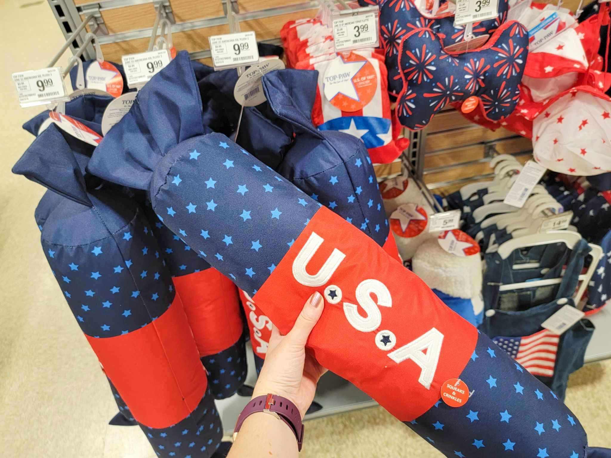 hang holding giant Fourth of July dog toy