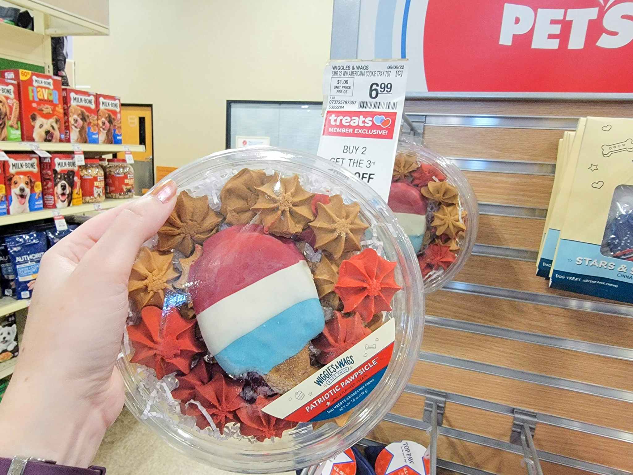 hand holding Fourth of July dog treats