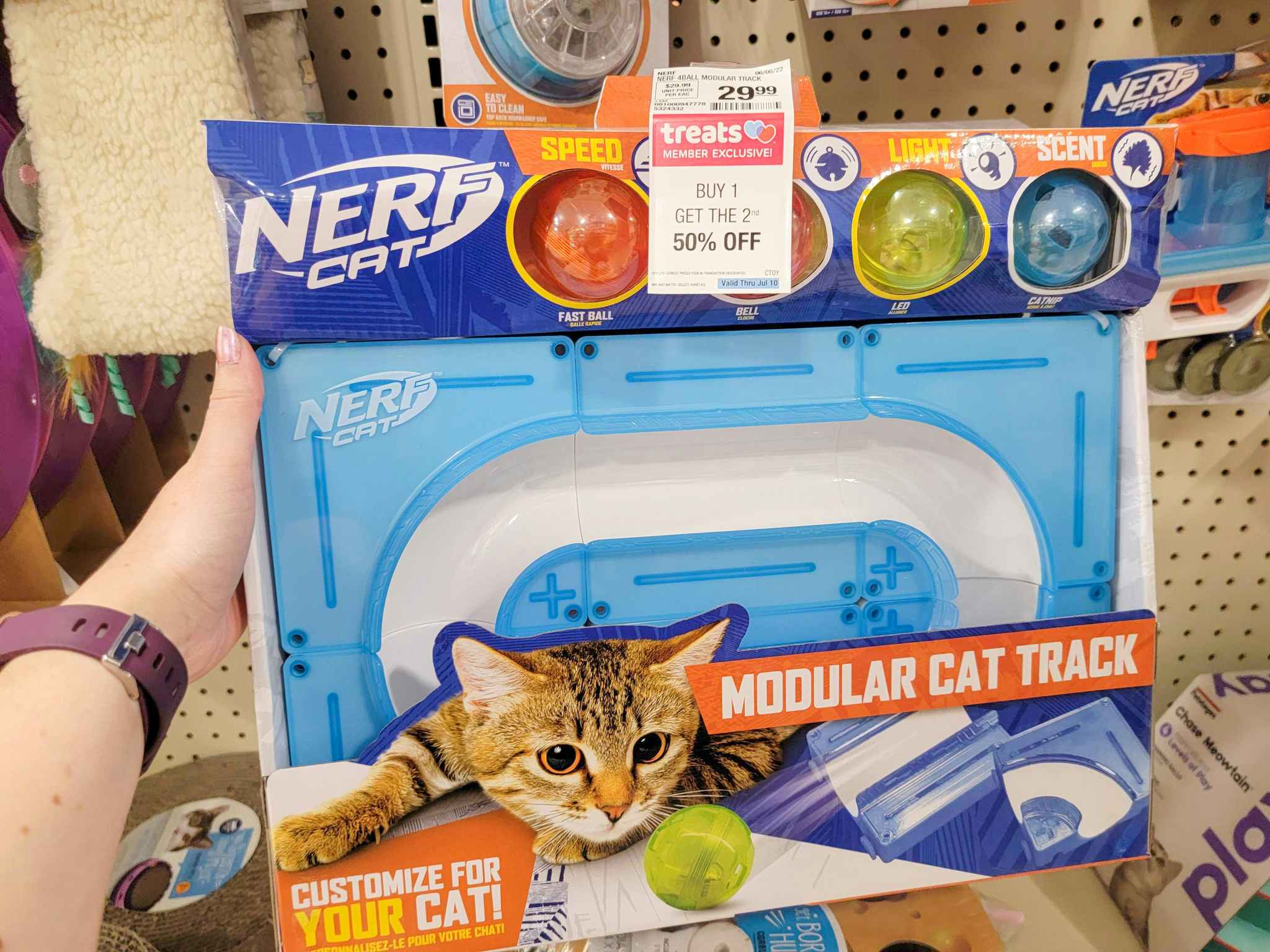 hand holding a nerf cat track