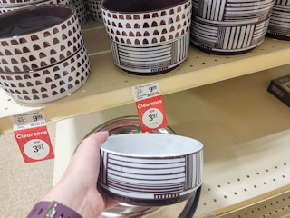 hand holding a brown and white striped dog bowl