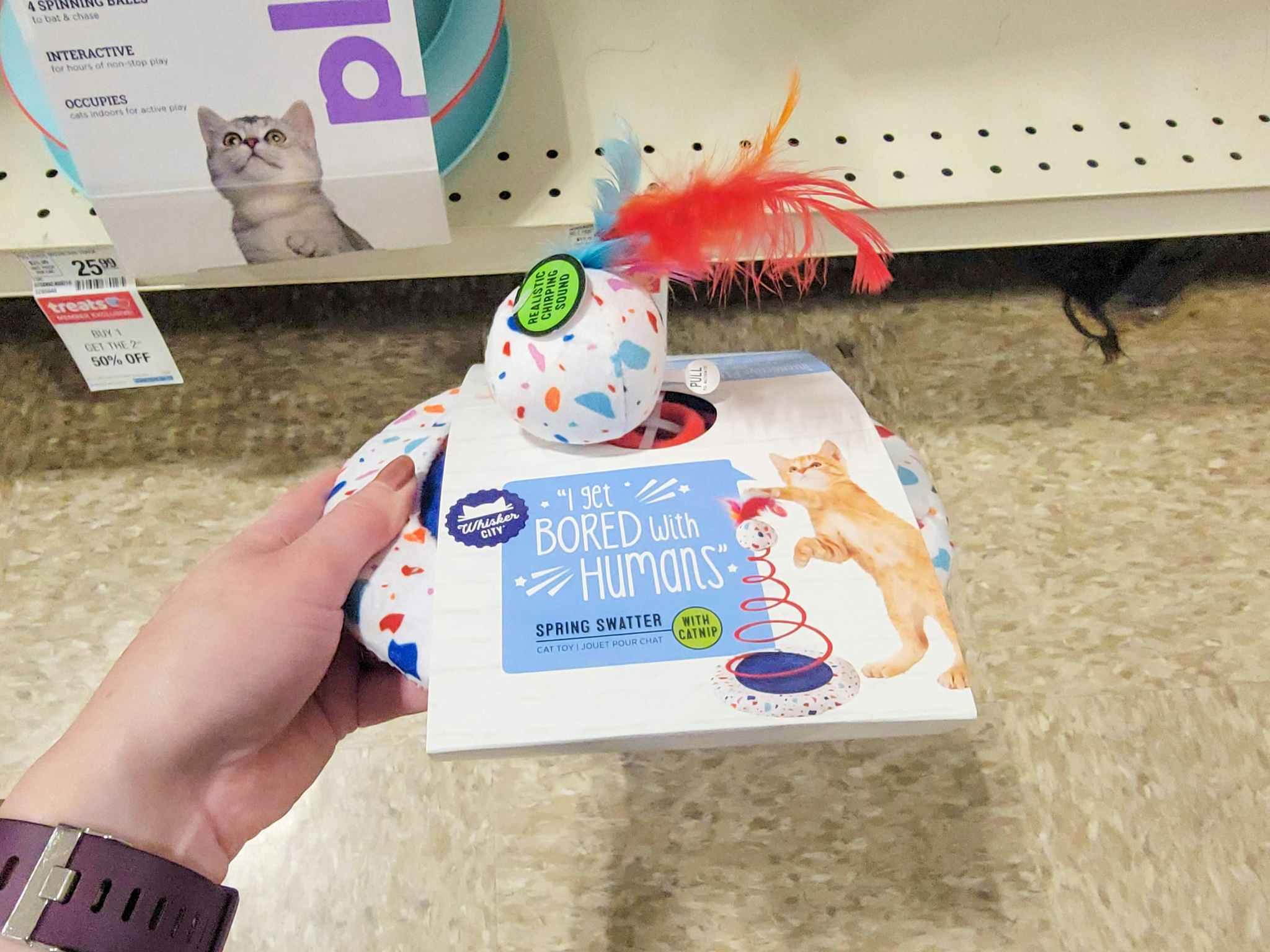hand holding a swatter cat toy