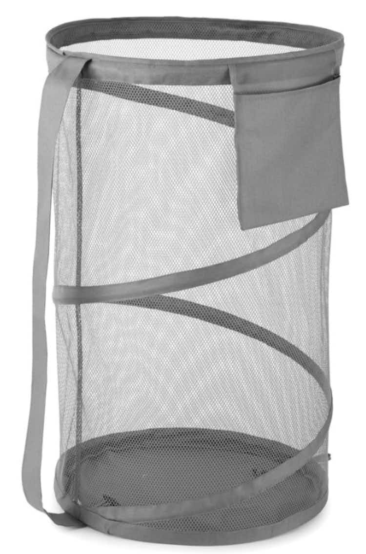 a grey mesh hamper