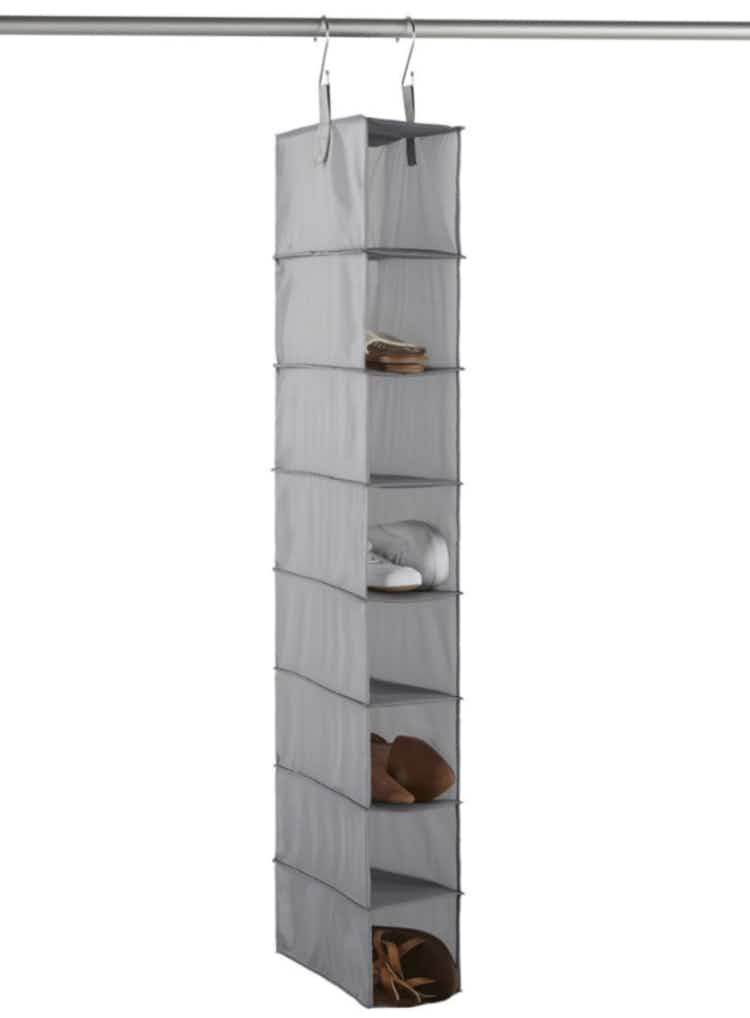 a grey shoe organizer that hangs in your closet