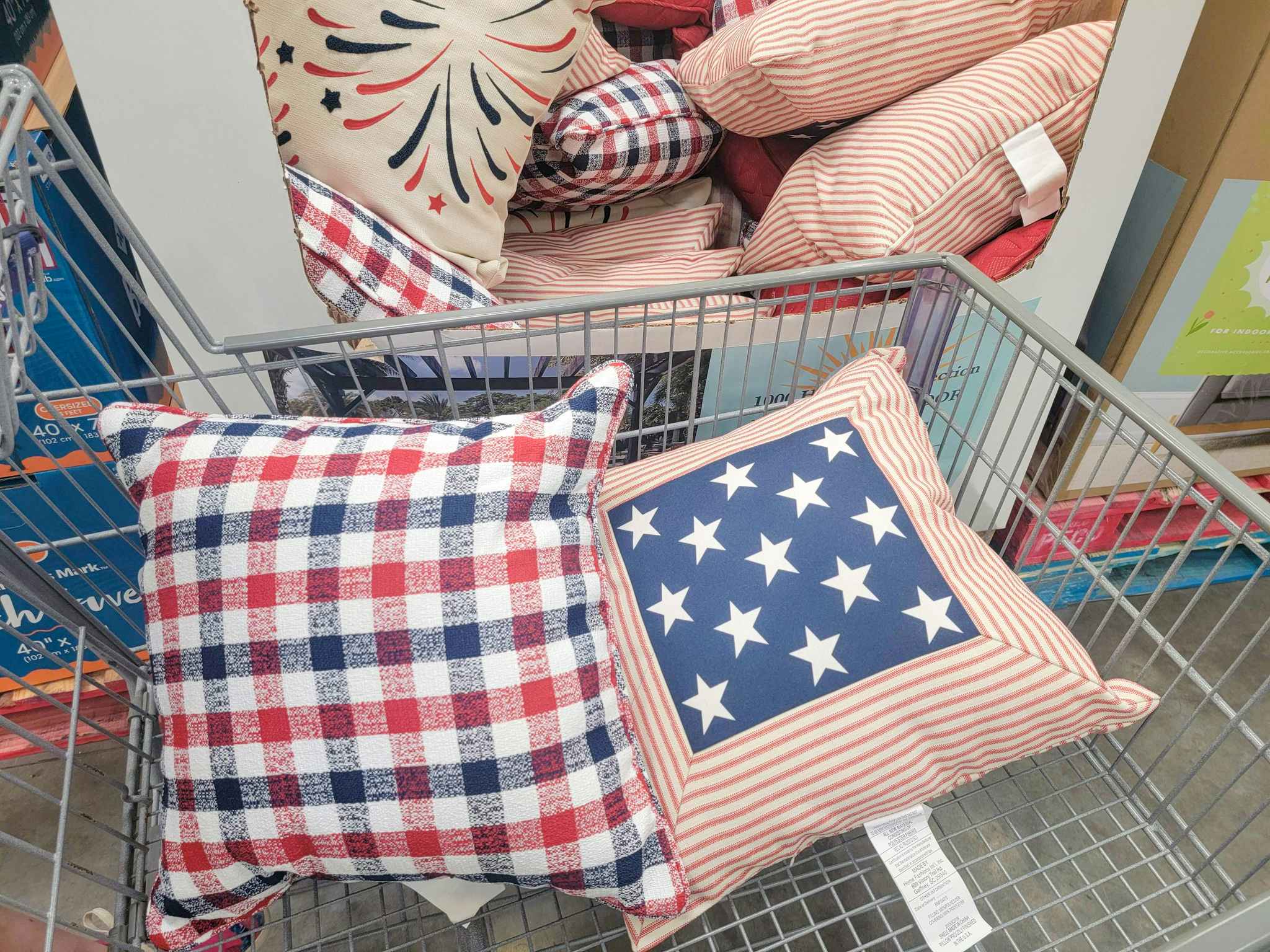 Americana pillows in a cart at Sam's Club