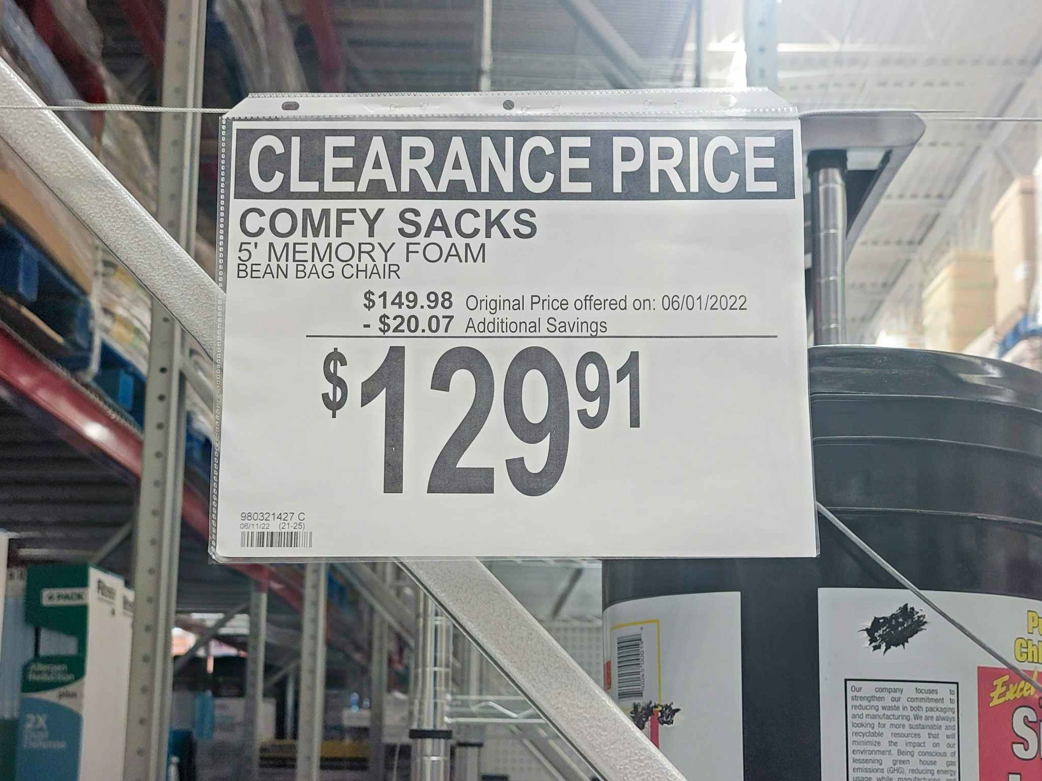 clearance sign for comfy sacks 5-foot lounger chairs