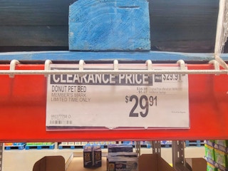 Clearance sign for dog beds at Sam's Club