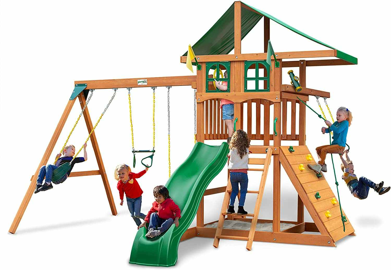 Kids playing on a Gorilla brand playset
