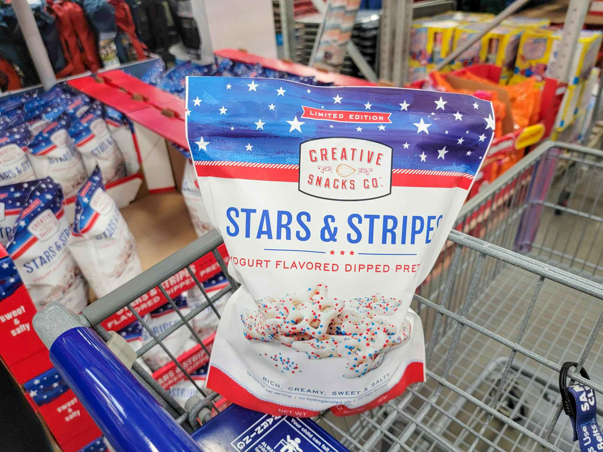 a bag of stars and stripes pretzels in a cart