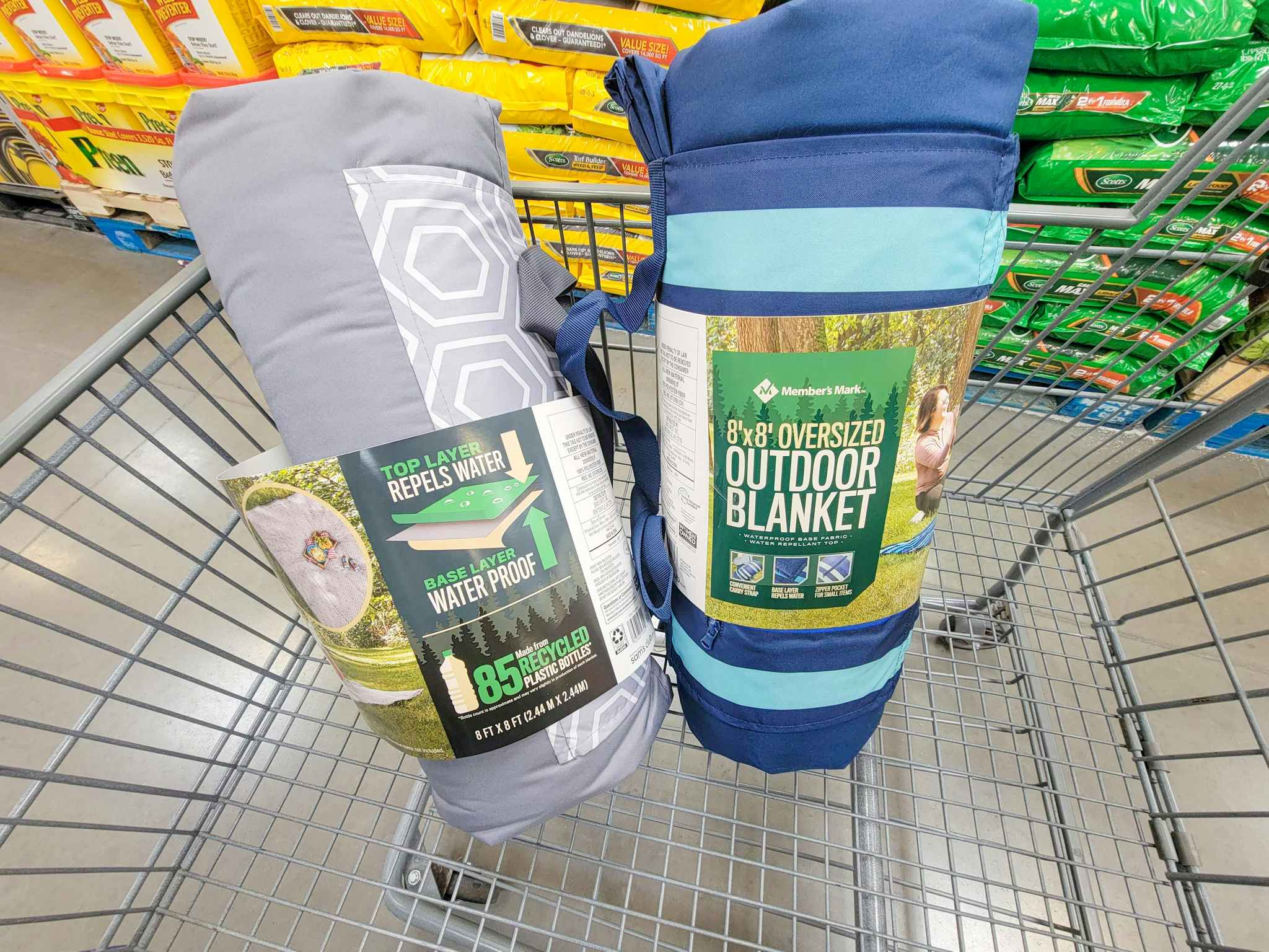 two outdoor blankets in a cart