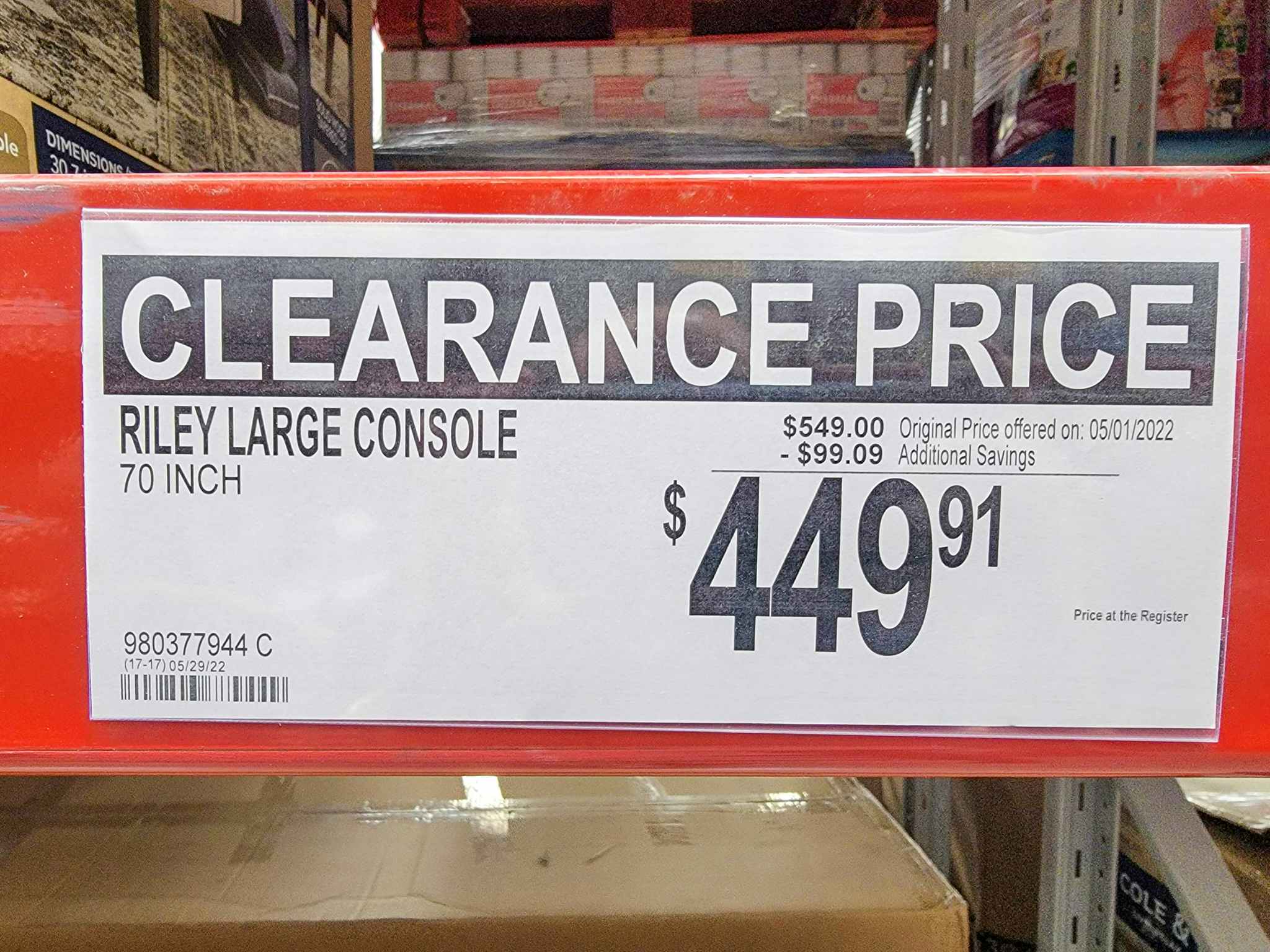 clearance sign for 70 inch tv console