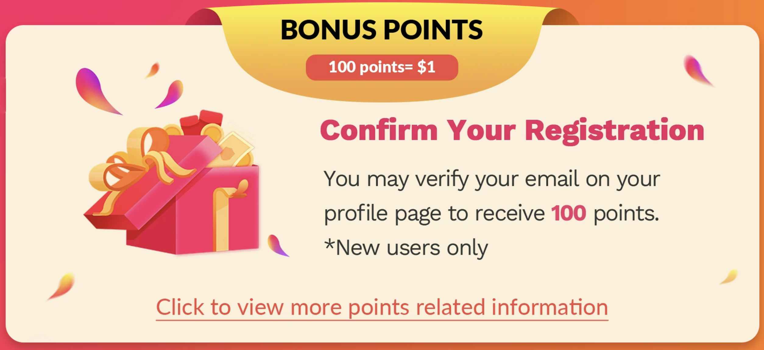 A screenshot of a graphic from the SHEIN website showing an offer of 100 Bonus Points for confirming registration by verifying your email address.