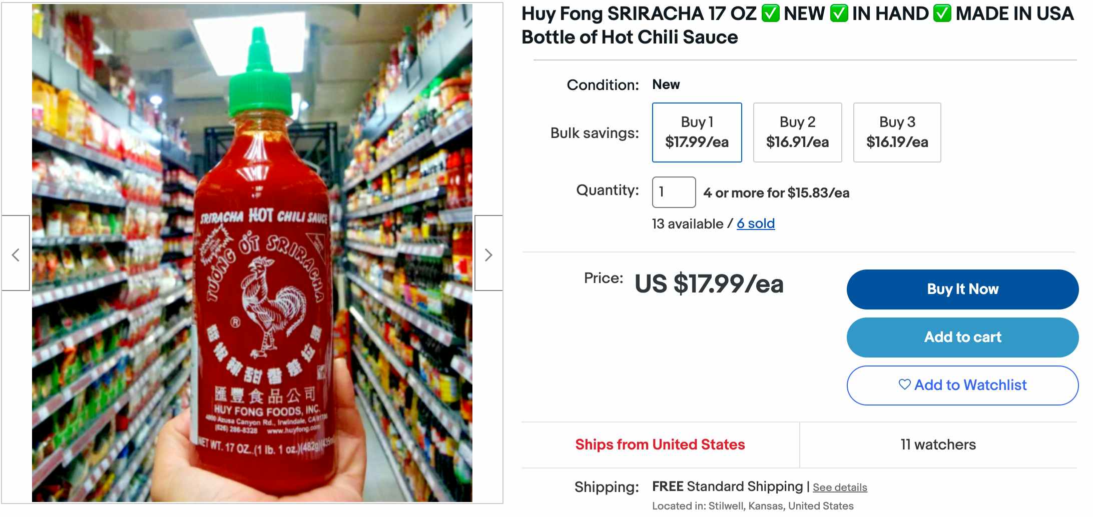 Screenshot of a Sriracha product detail page on eBay with higher prices listed