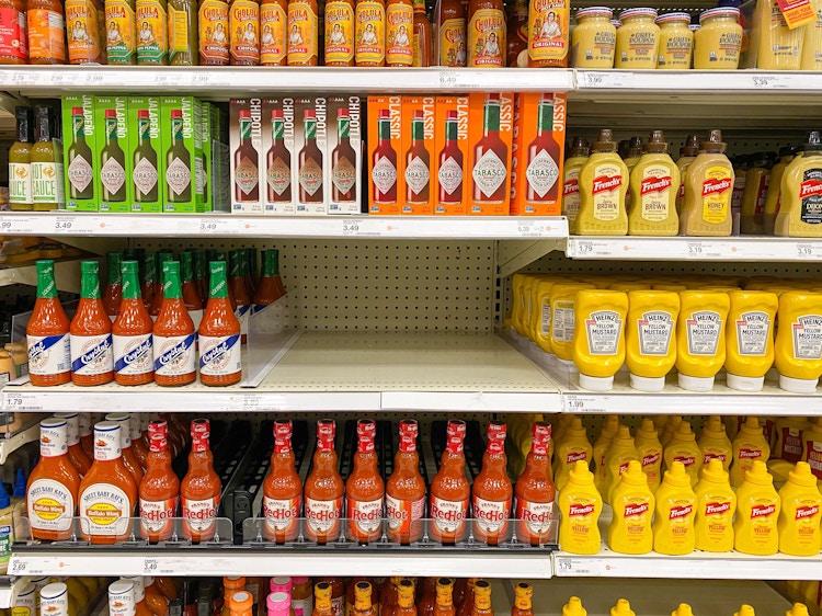 Target shelves showing full inventory for everything except Sriracha hot sauce