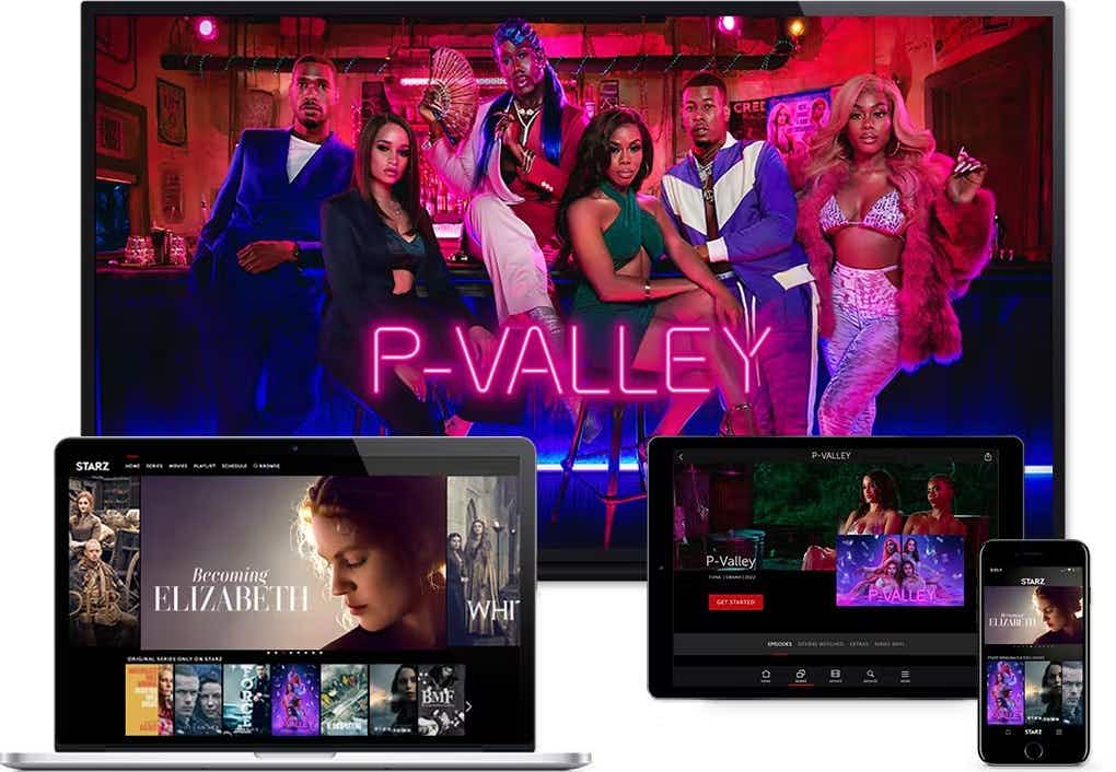 tv, laptop, tablet, and phone with Starz streaming service