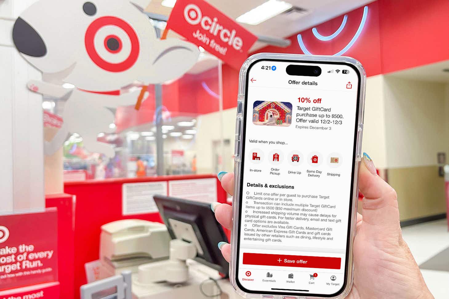 someone holding a phone displaying a gift card offer for 10% off on the Target app