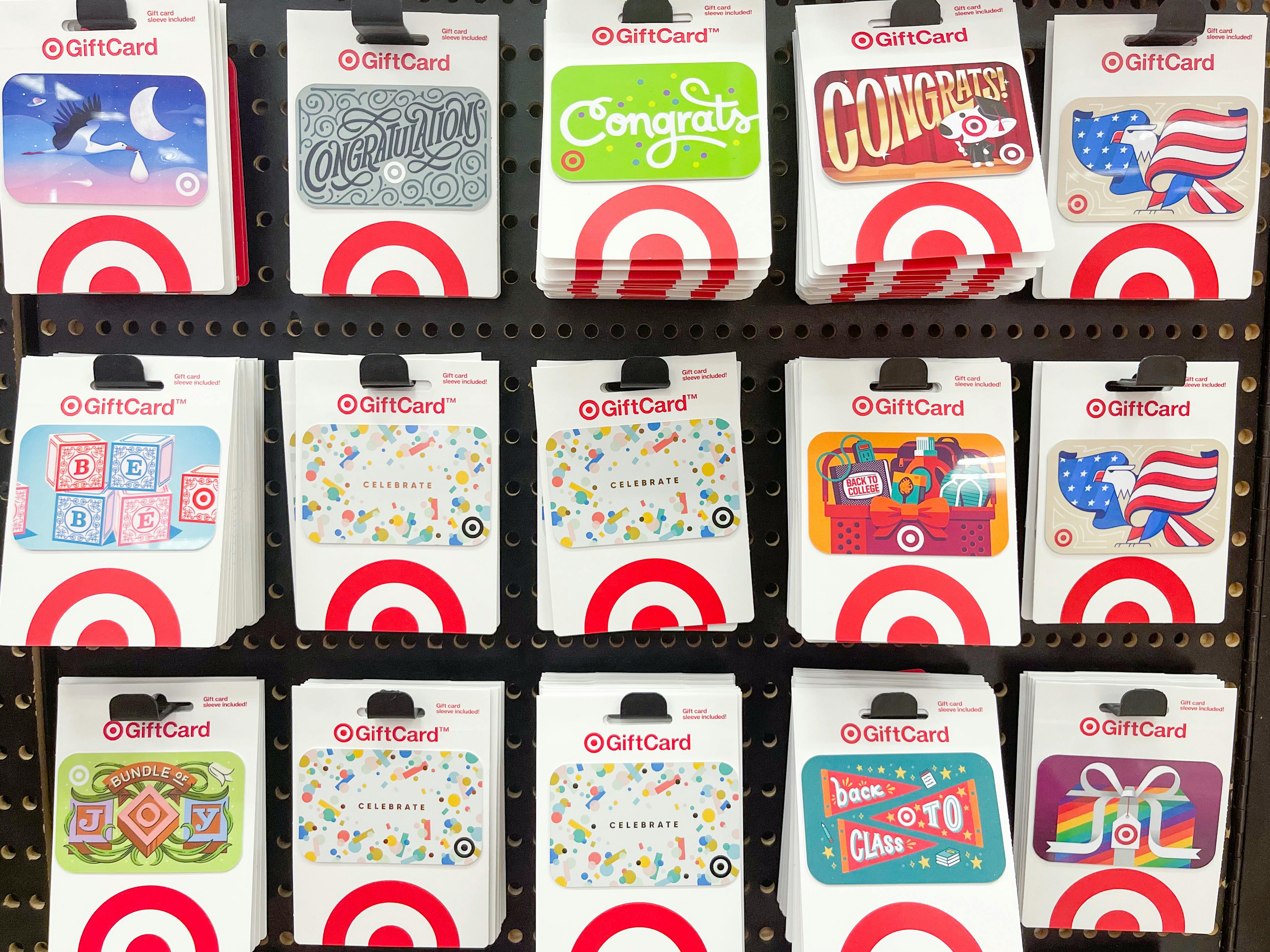 Target gift cards on a display wall inside Target