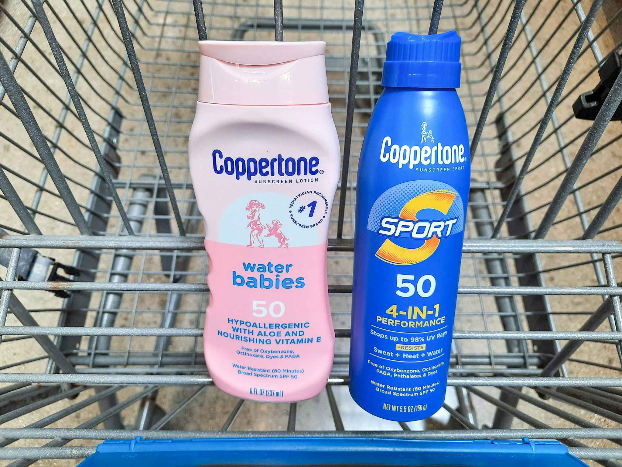 Coppertone Sport & Water Babies Sun Screen products in Walmart shopping cart