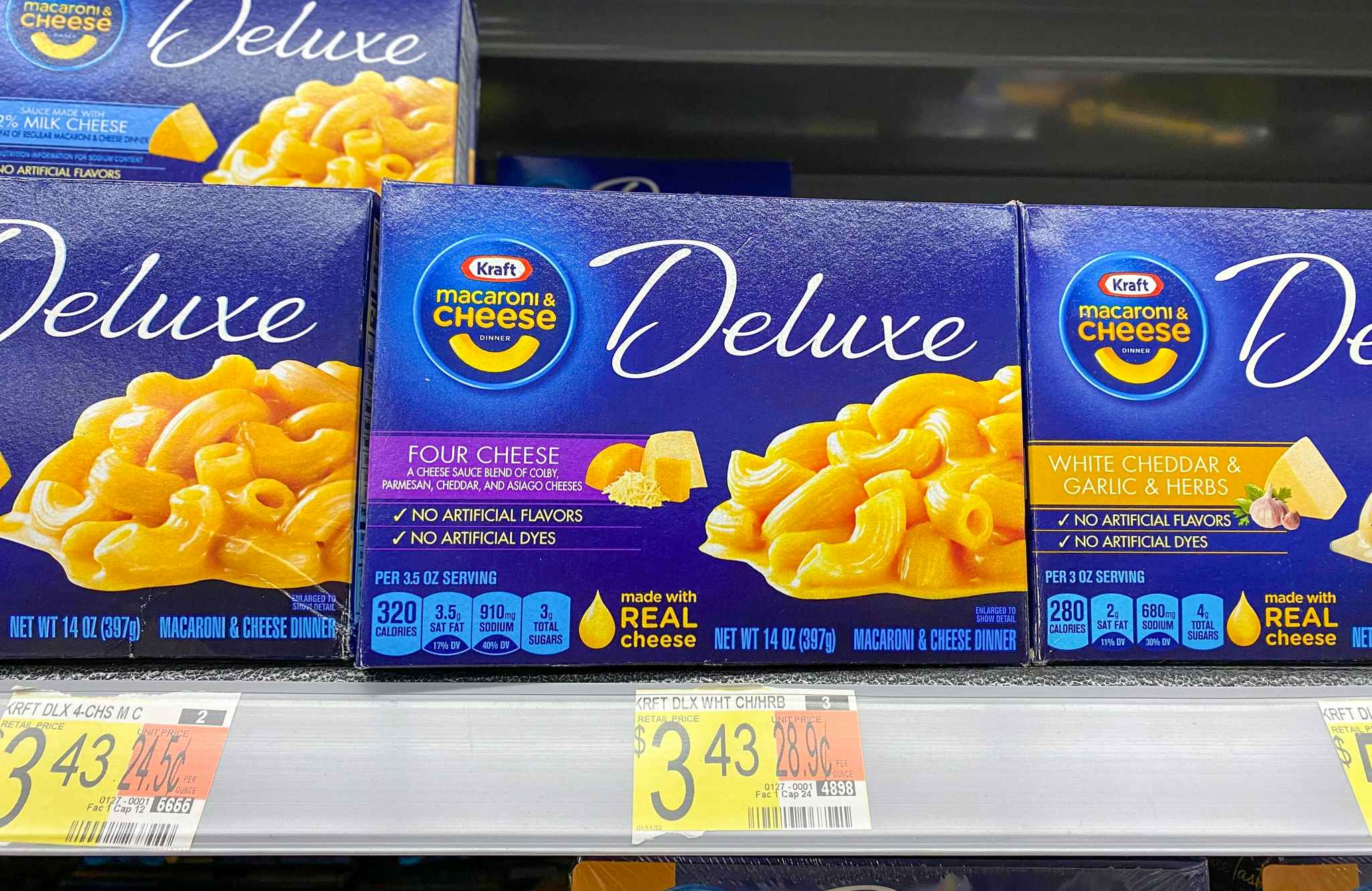 Kraft Deluxe Macaroni & Cheese on display at Walmart