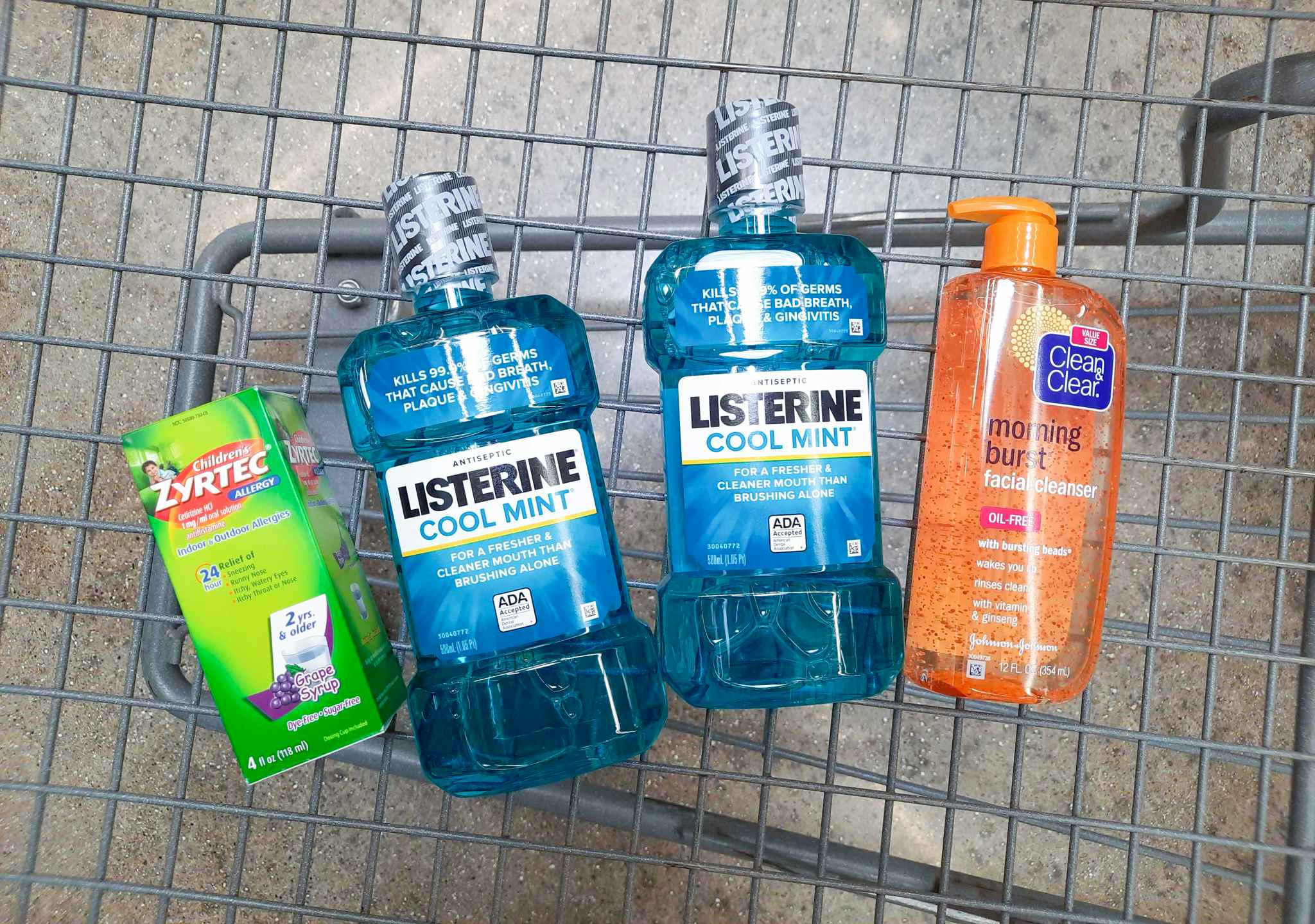 Zyrtec, Listerine, and Clean and Clear products in Walmart shopping cart