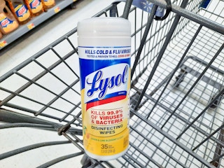 35-count package of Lysol Disinfecting Wipes in Walmart shopping cart