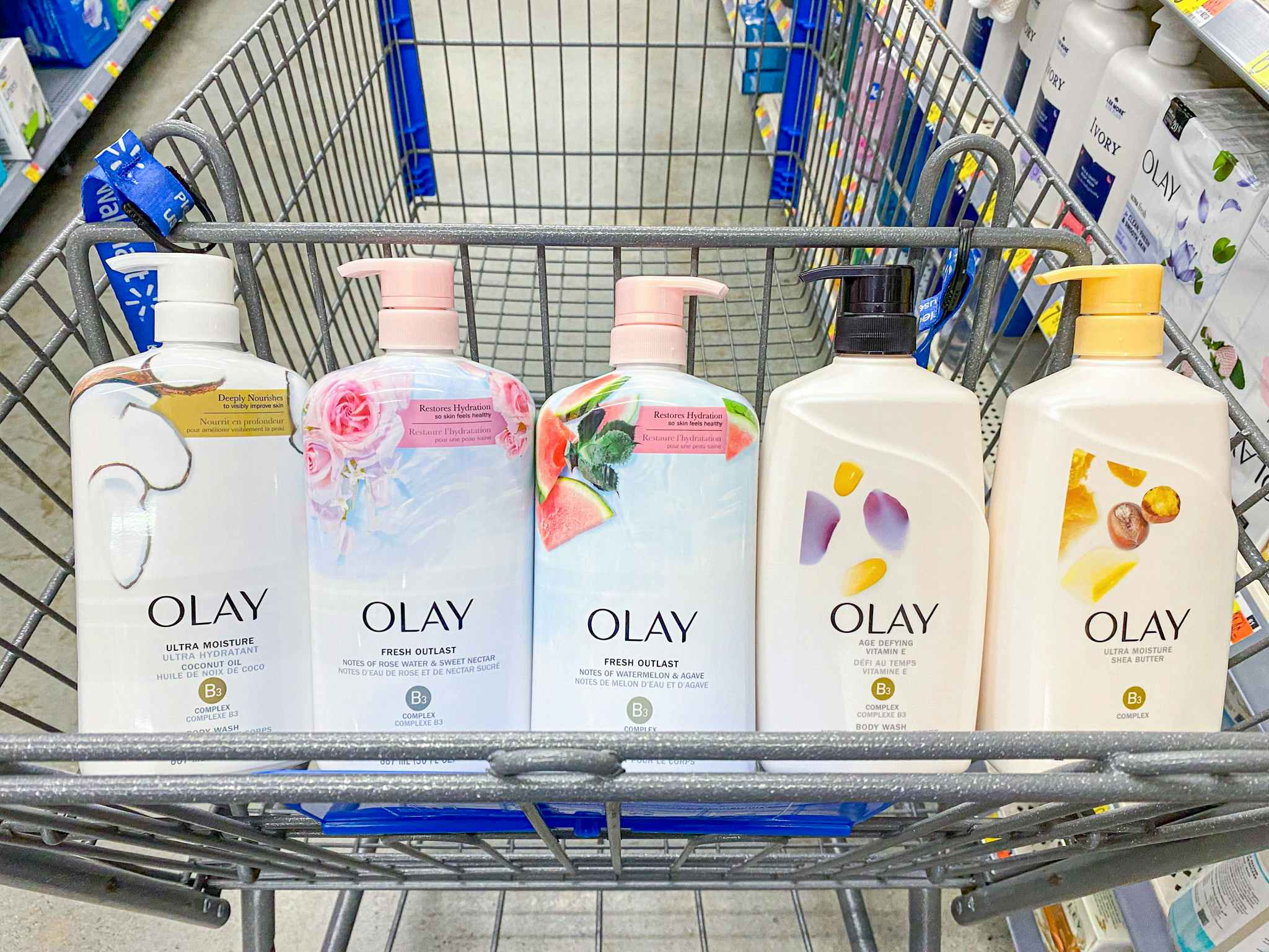 Olay Body Wash products in Walmart shopping cart