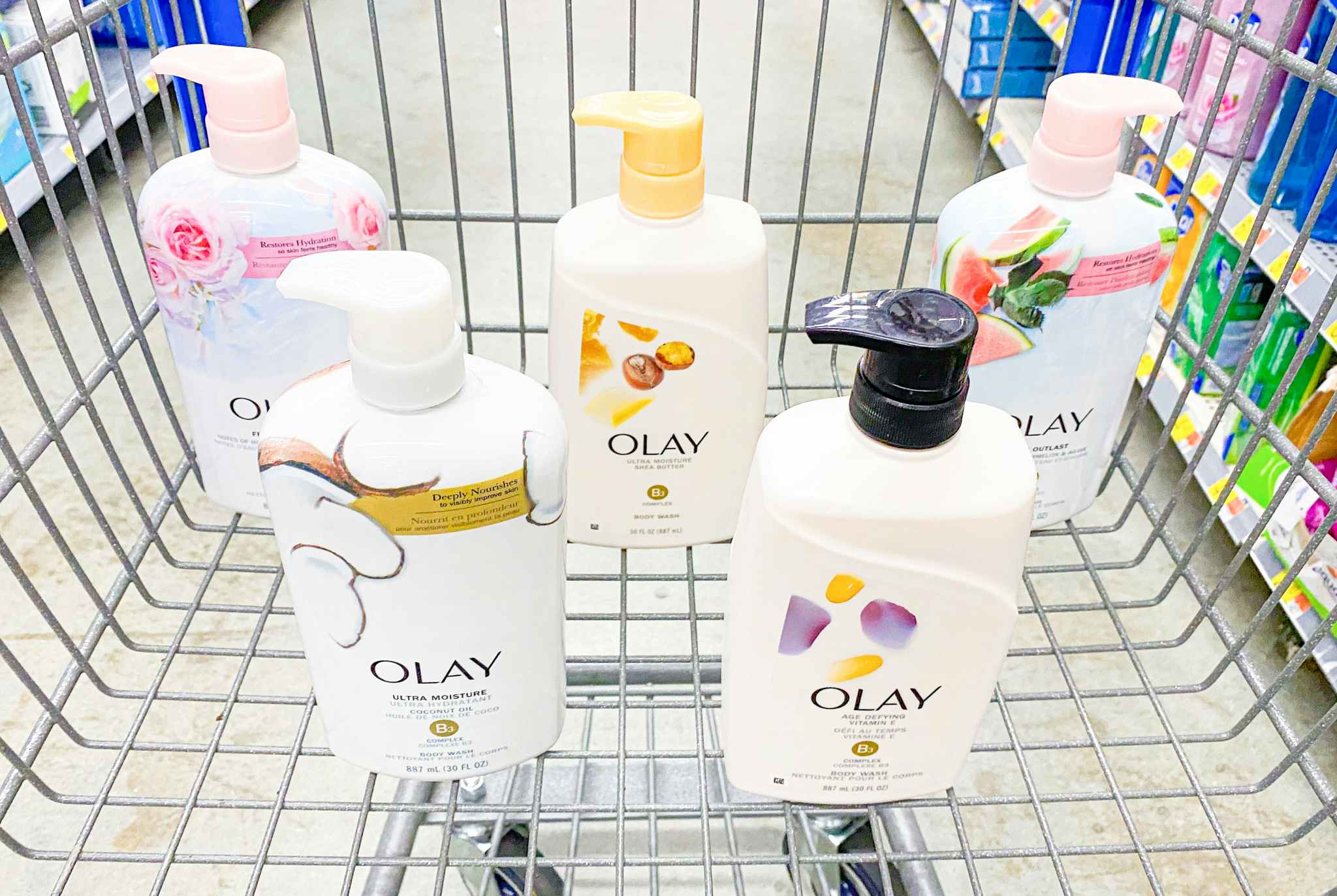 Olay Body Wash products in Walmart shopping cart