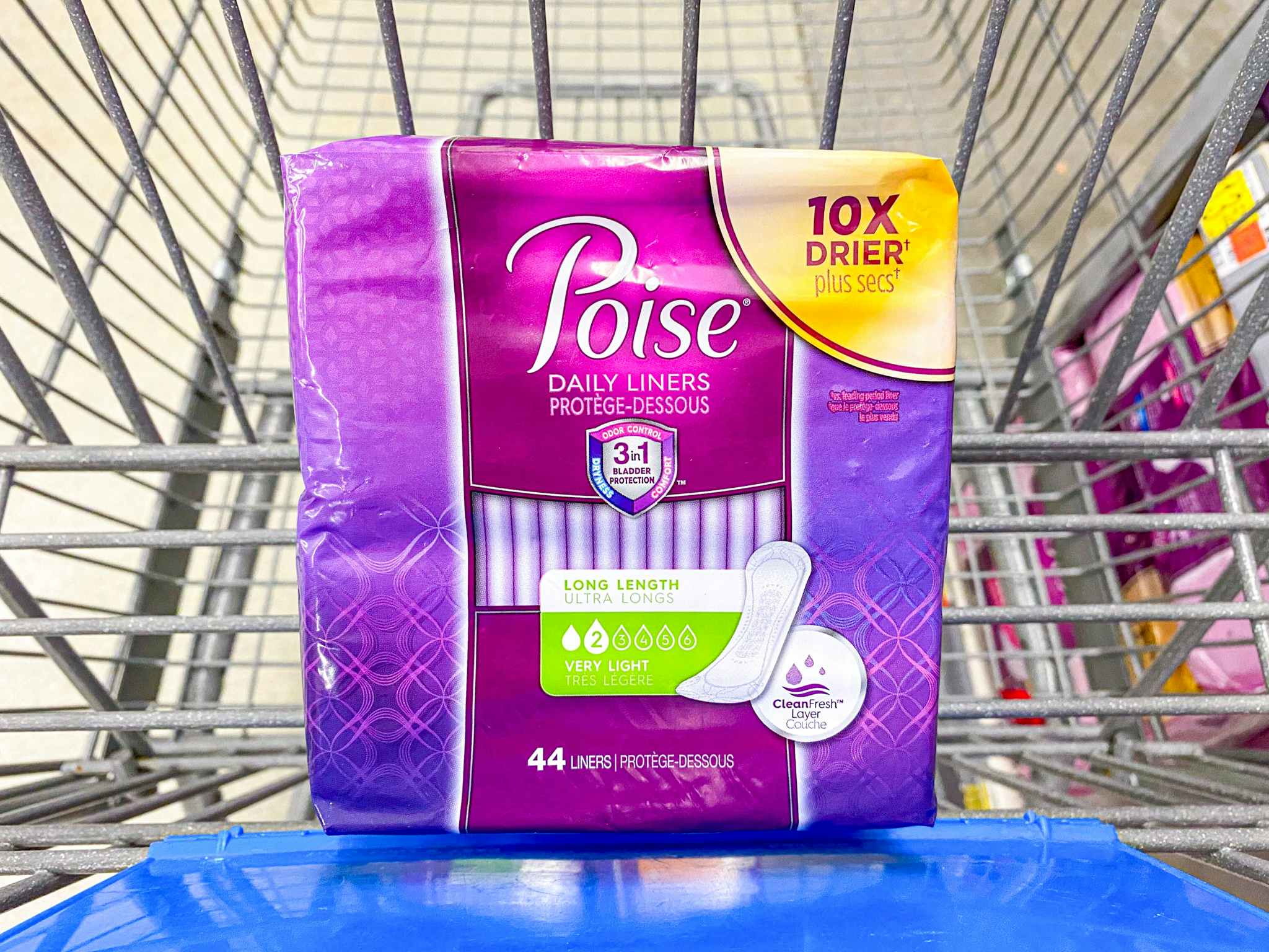 Poise Daily Liners 44-count package in Walmart shopping cart
