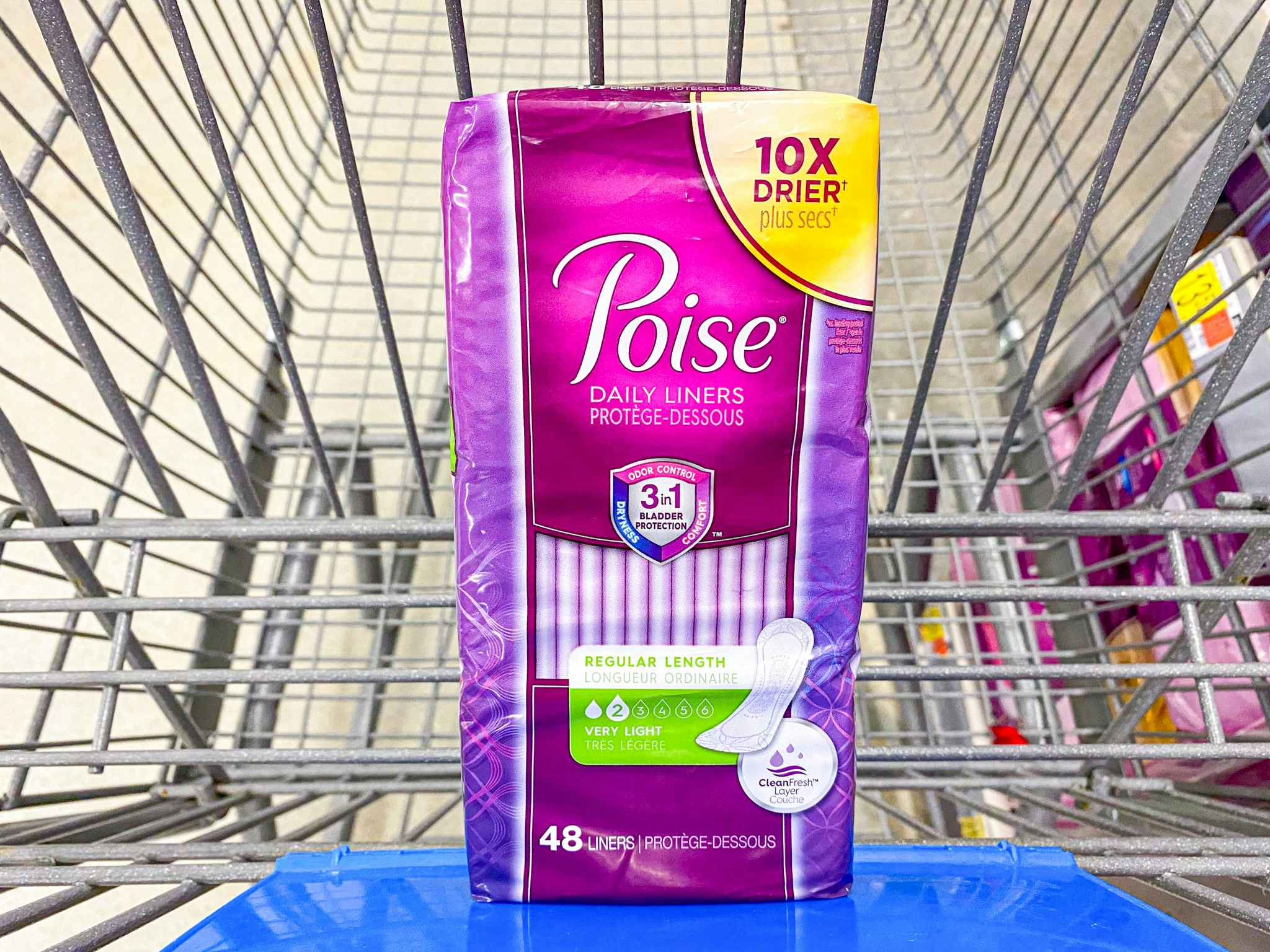 Poise Daily Liners 48-count package in Walmart shopping cart