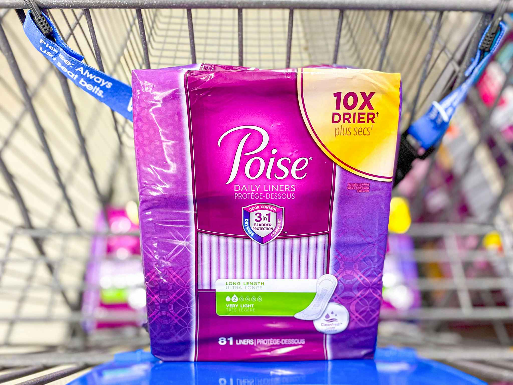 Poise Daily Liners 81-count package in Walmart shopping cart