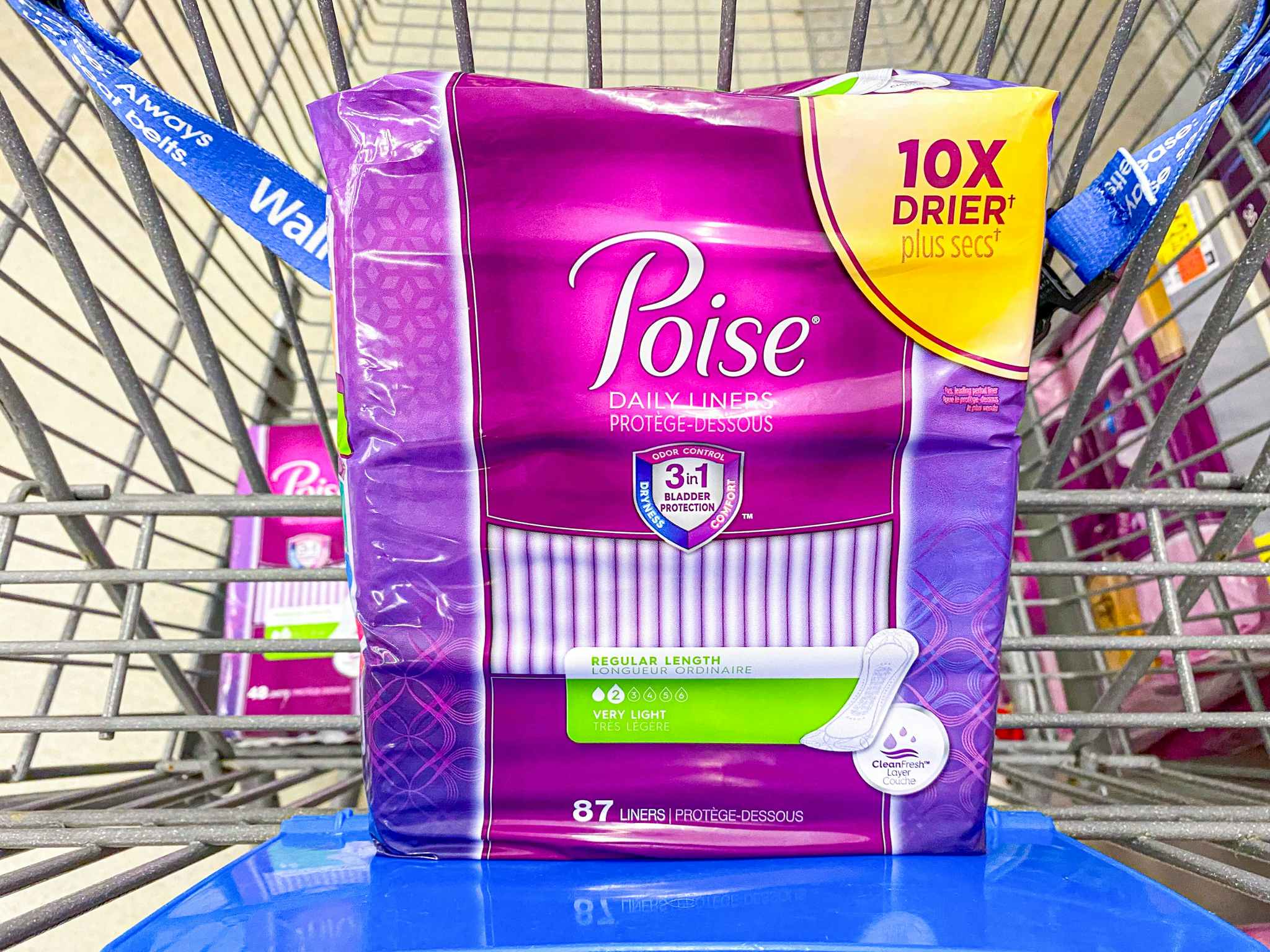 Poise Daily Liners 87-count package in Walmart shopping cart