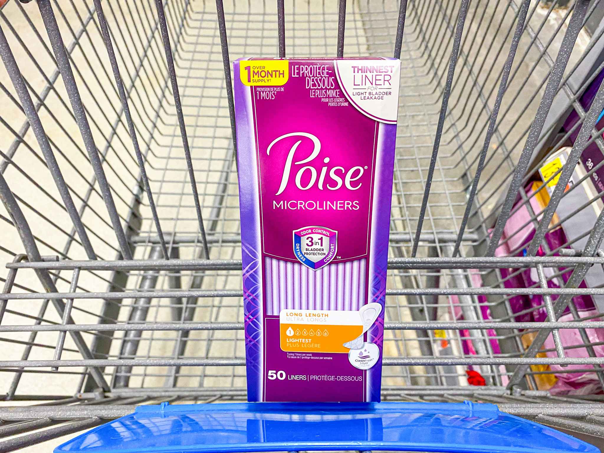 Poise Microliners 50-count package in Walmart shopping cart