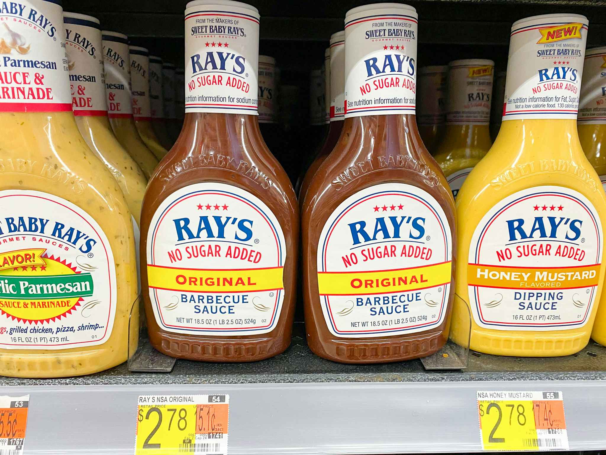 Ray's No Sugar Added Barbecue Suace on shelf at Walmart. The price on the shelf indicates the product is $2.78.