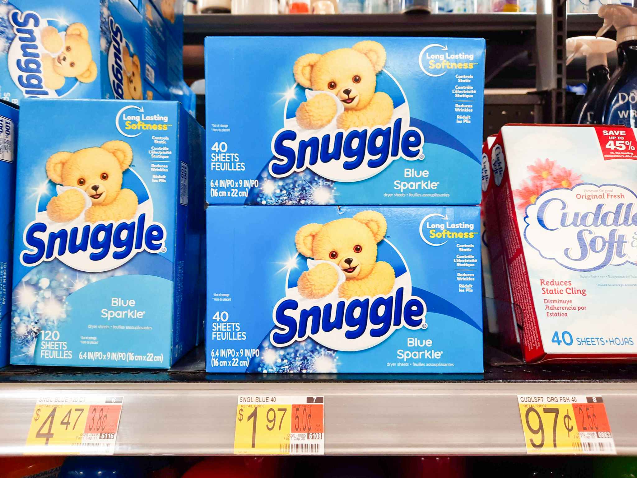 Snuggle Blue Sparkle Dryer Sheets on display at Walmart